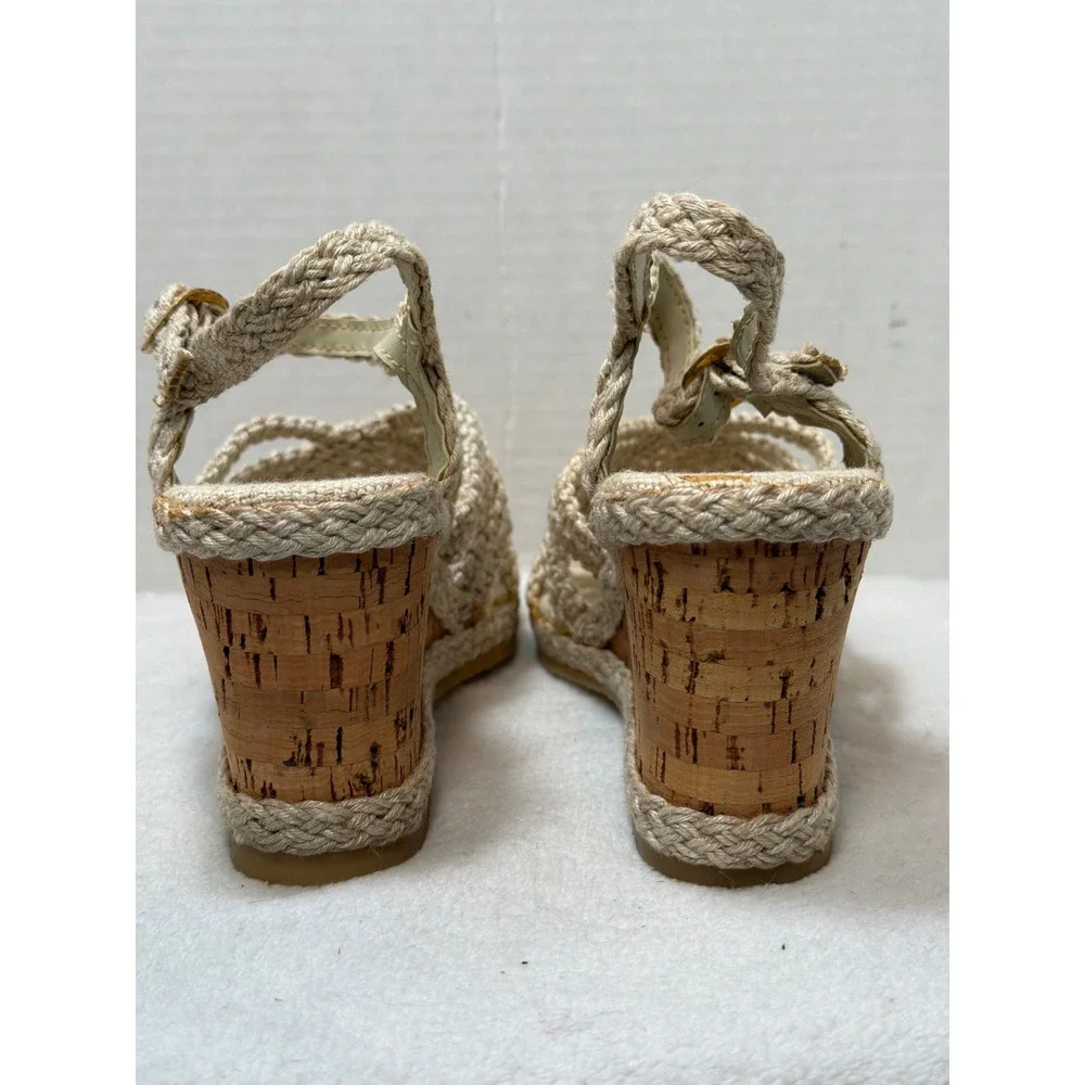 VTG NOS Macrame Wedge Sandals Women Beige‎ Cork Heel Boho Strappy Woven Size 8